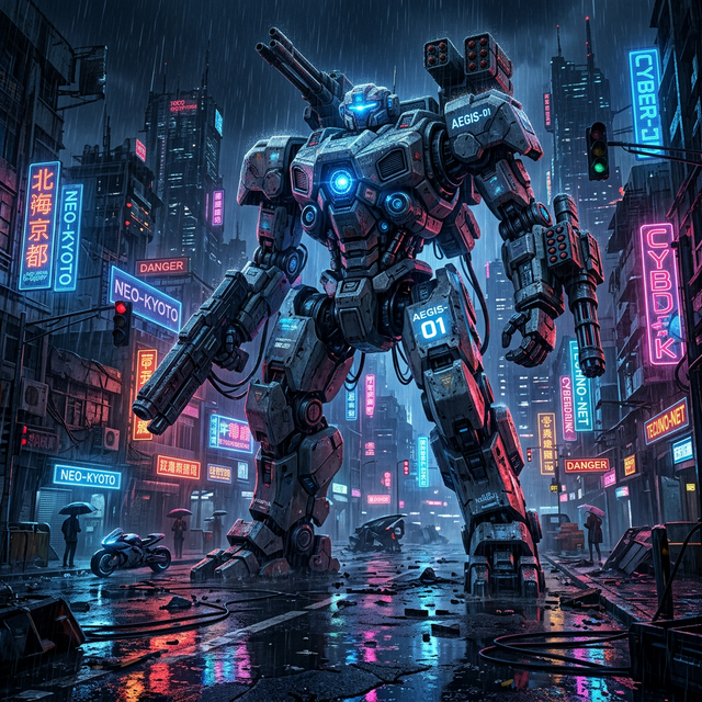 A hyper-detailed, epic cinematic concept art of a futuristic towering mecha standing in a ruined cyberpunk city during heavy rain, neon lights reflecting on wet pavement. High quality, enterprise grade, photorealistic details.